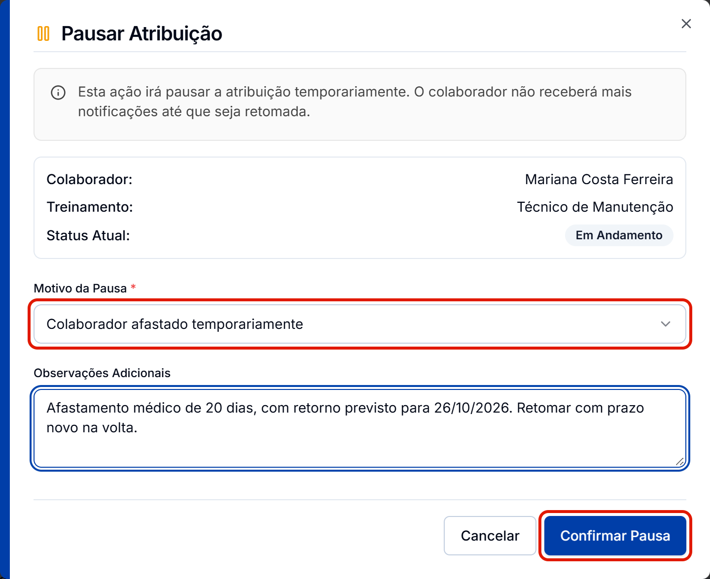 Janela pausar atribuicao preenchida