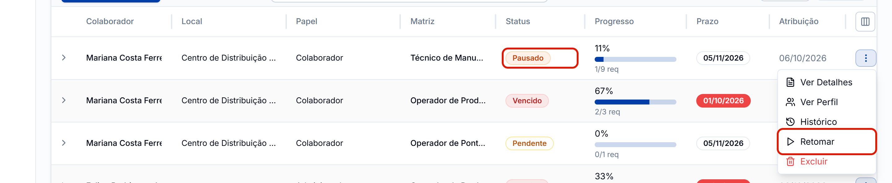 Linha pausada com o retomar no menu