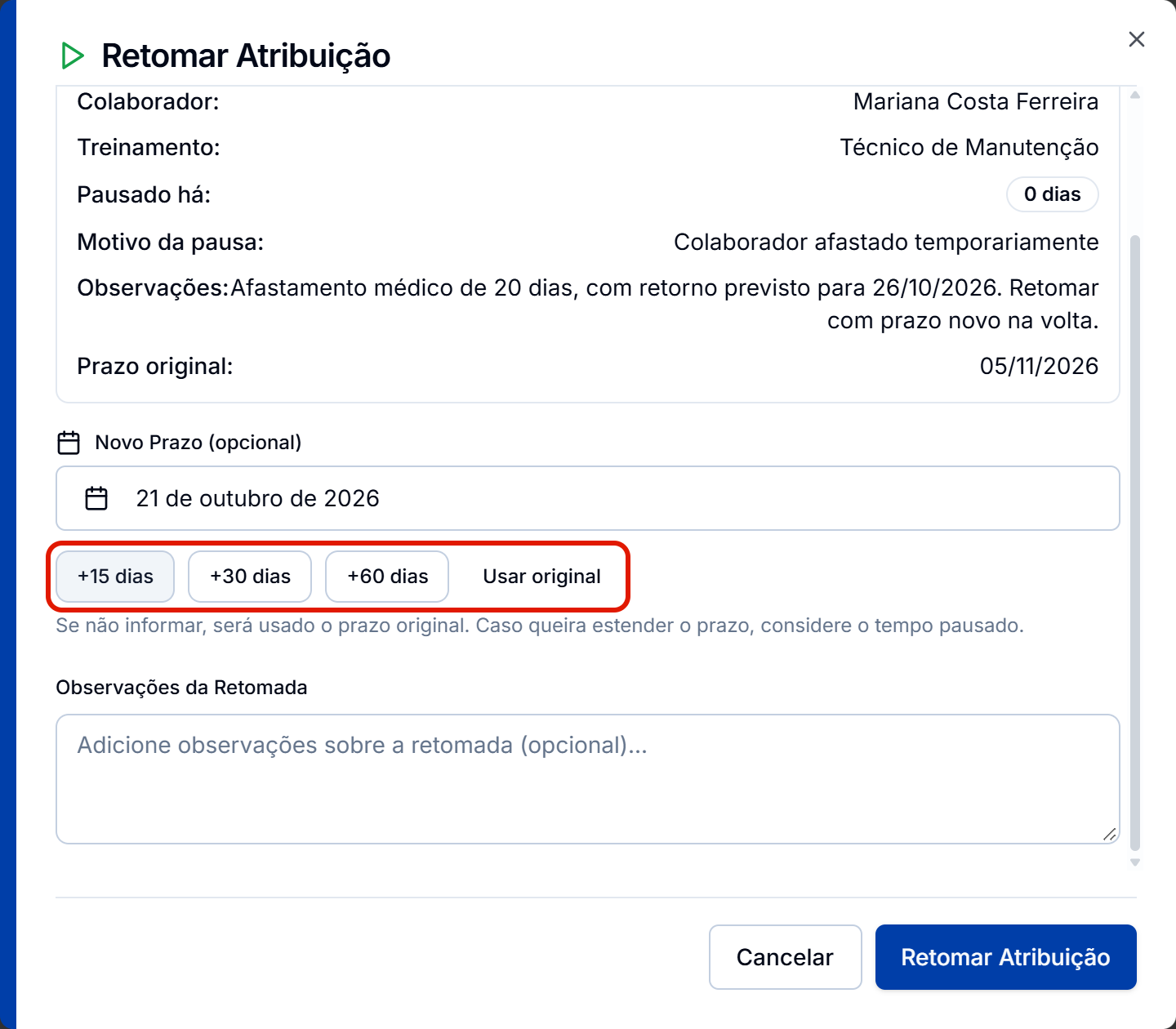 Janela retomar com o novo prazo de 15 dias