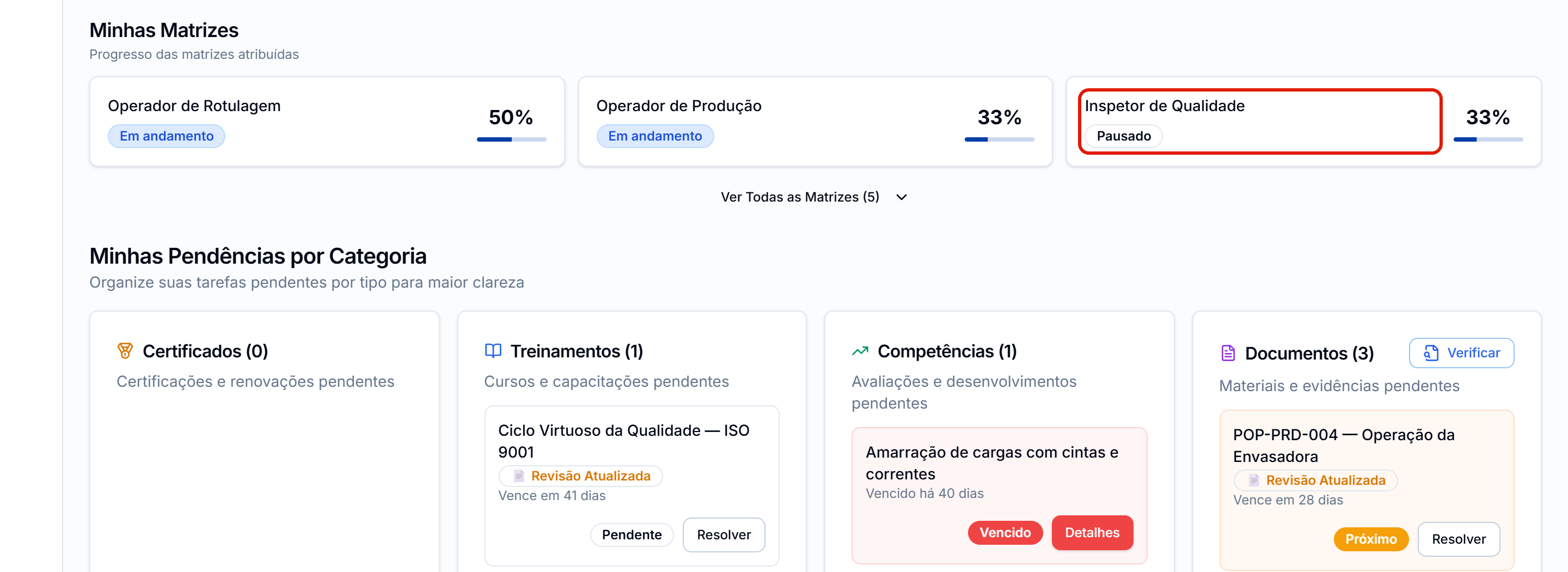 Inicio do colaborador com a matriz pausada