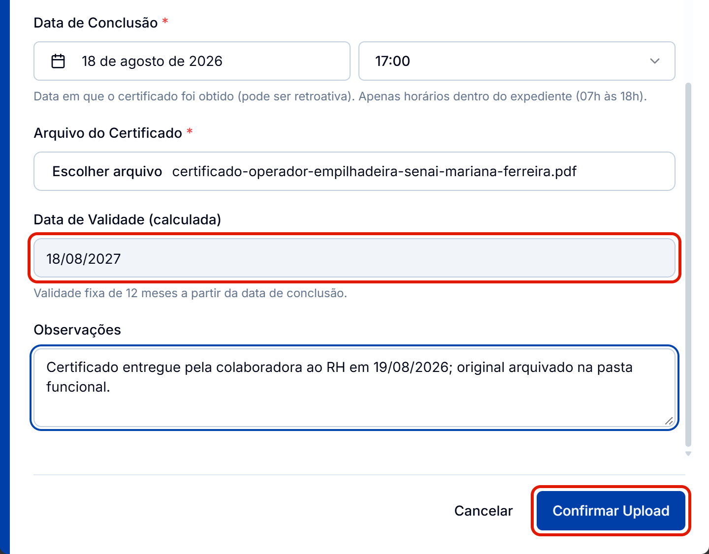 Janela preenchida com data certificado e validade