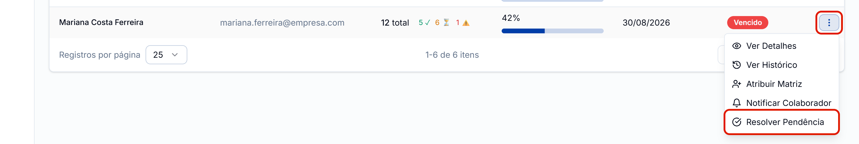 Menu da linha com o resolver pendencia