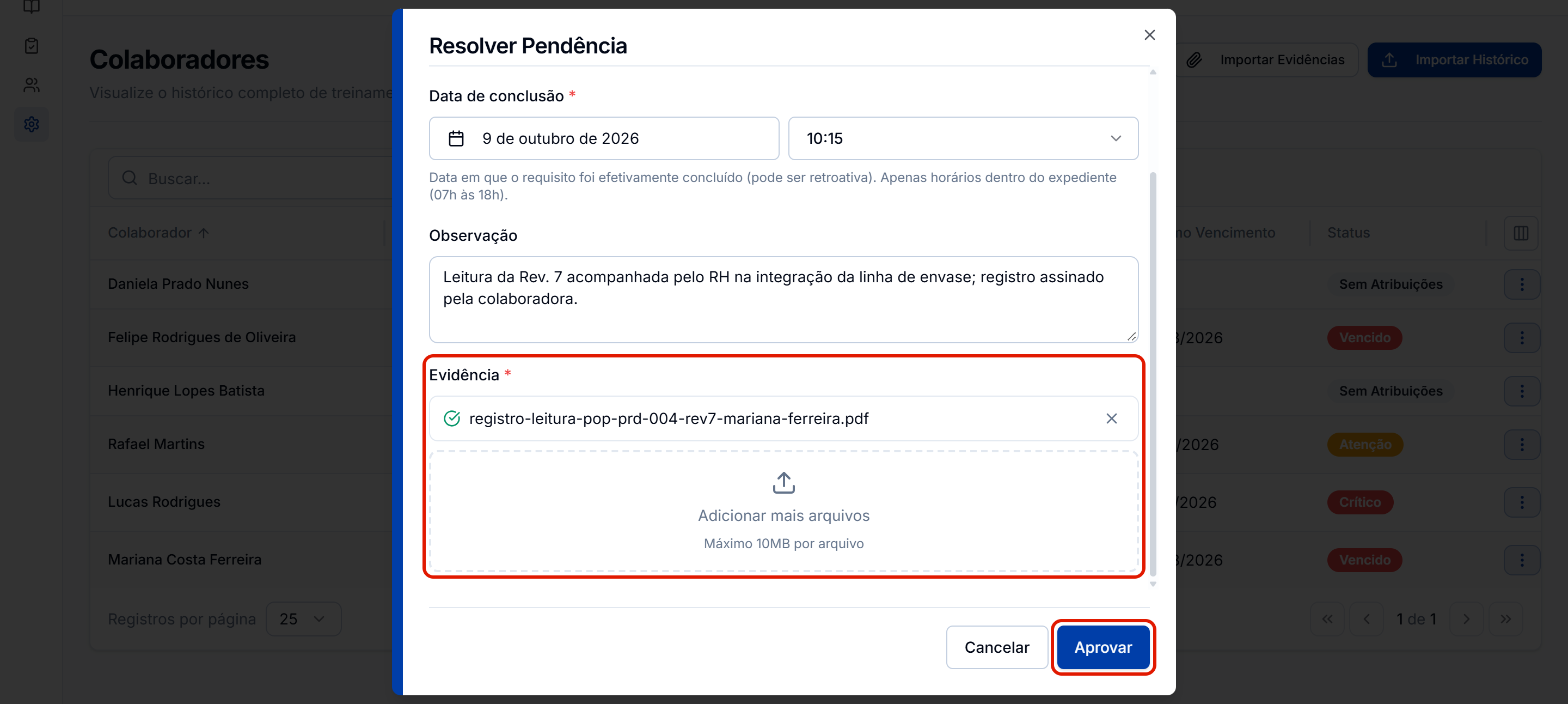 Formulario de documento com a evidencia e o aprovar