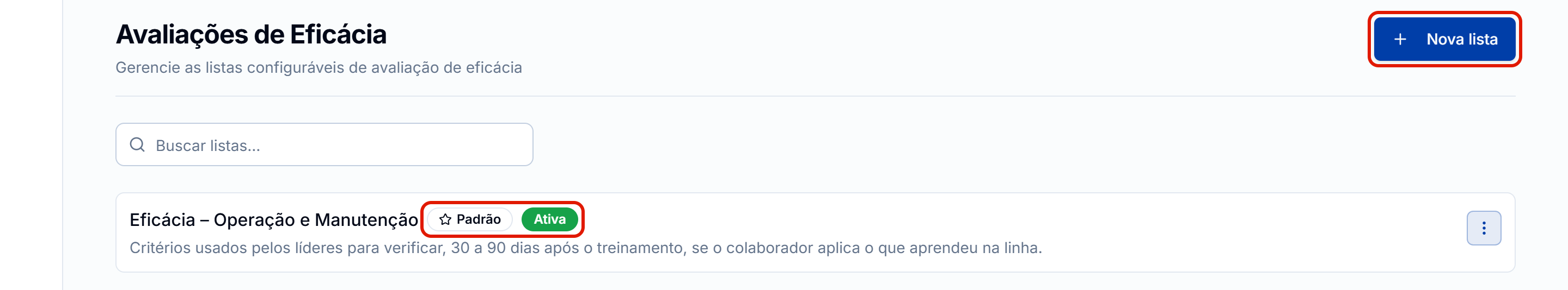 Listas de criterios com o nova lista
