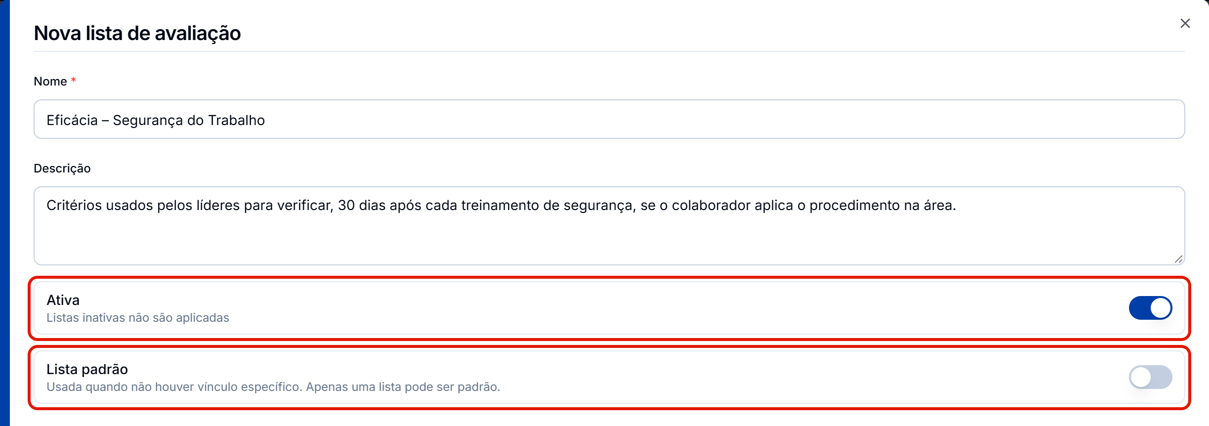 Etapa 1 com ativa ligada e lista padrao desligada