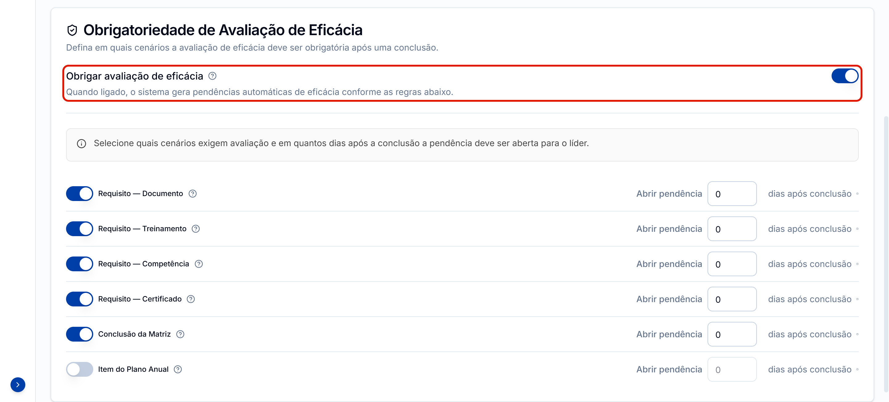 Obrigar ligada com os seis cenarios