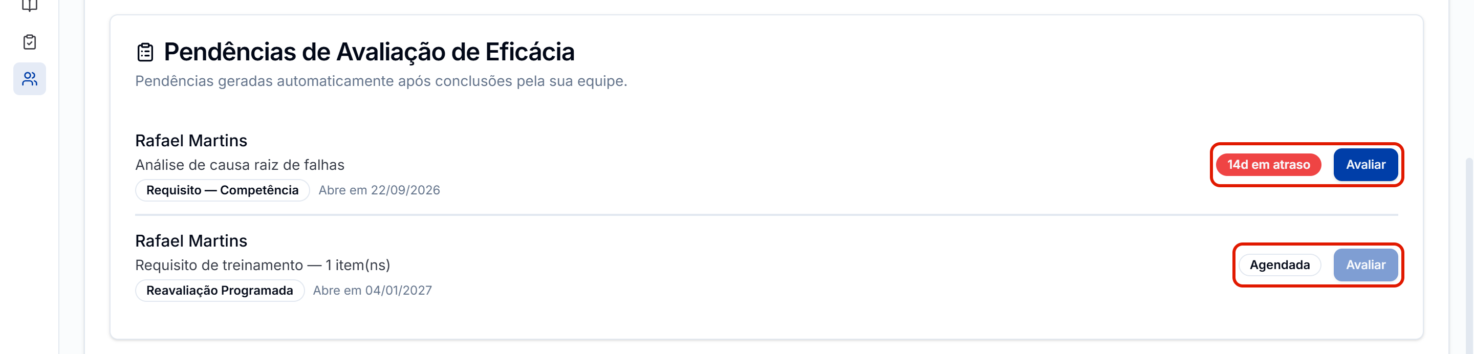 Pendencias com o avaliar