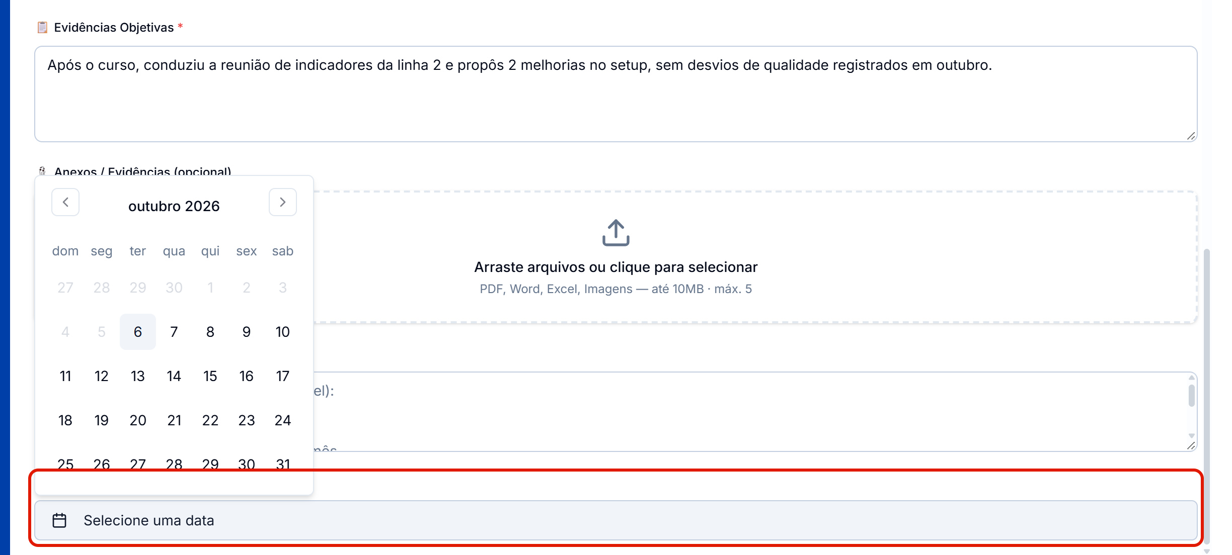 Evidencias anexos e data da proxima avaliacao