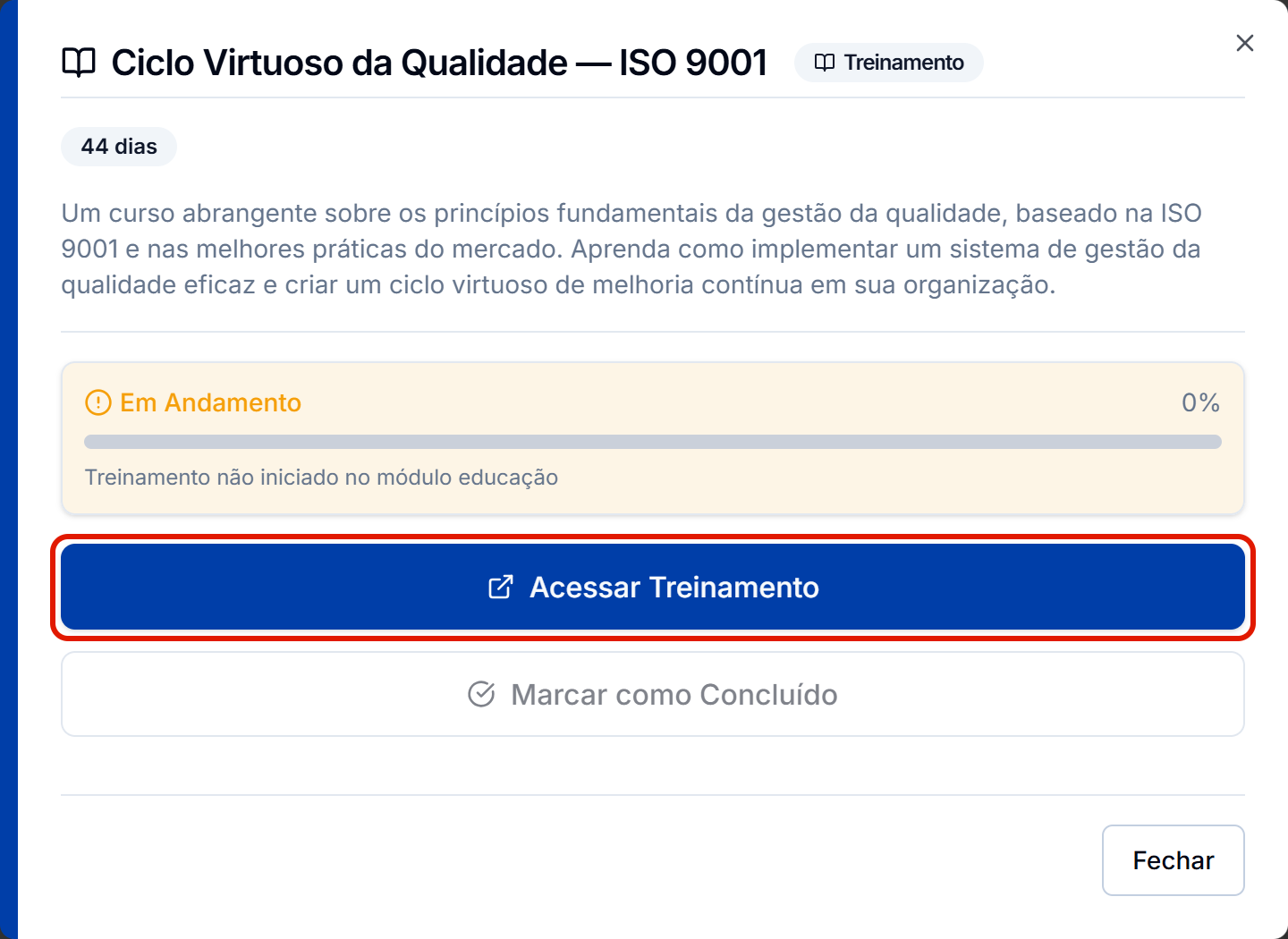 Curso do educacao em andamento e o acessar treinamento