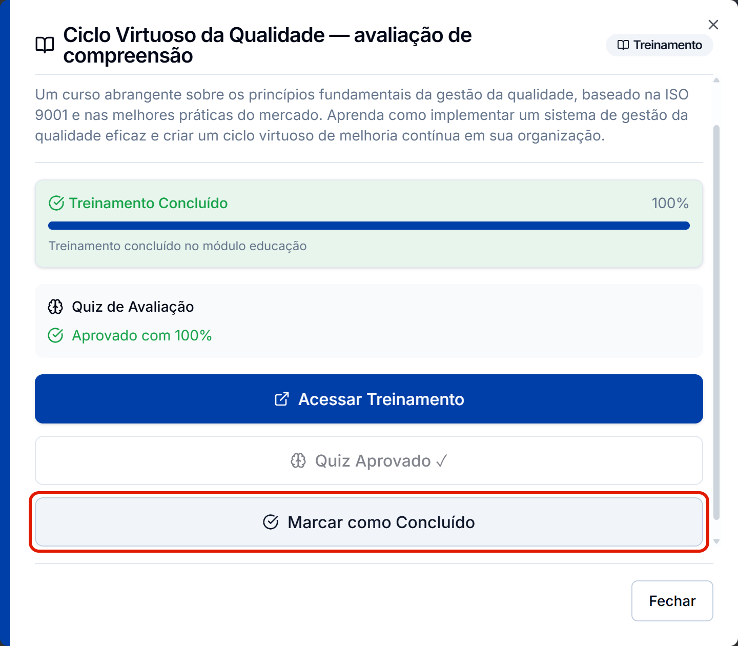 Quiz aprovado e o marcar como concluido
