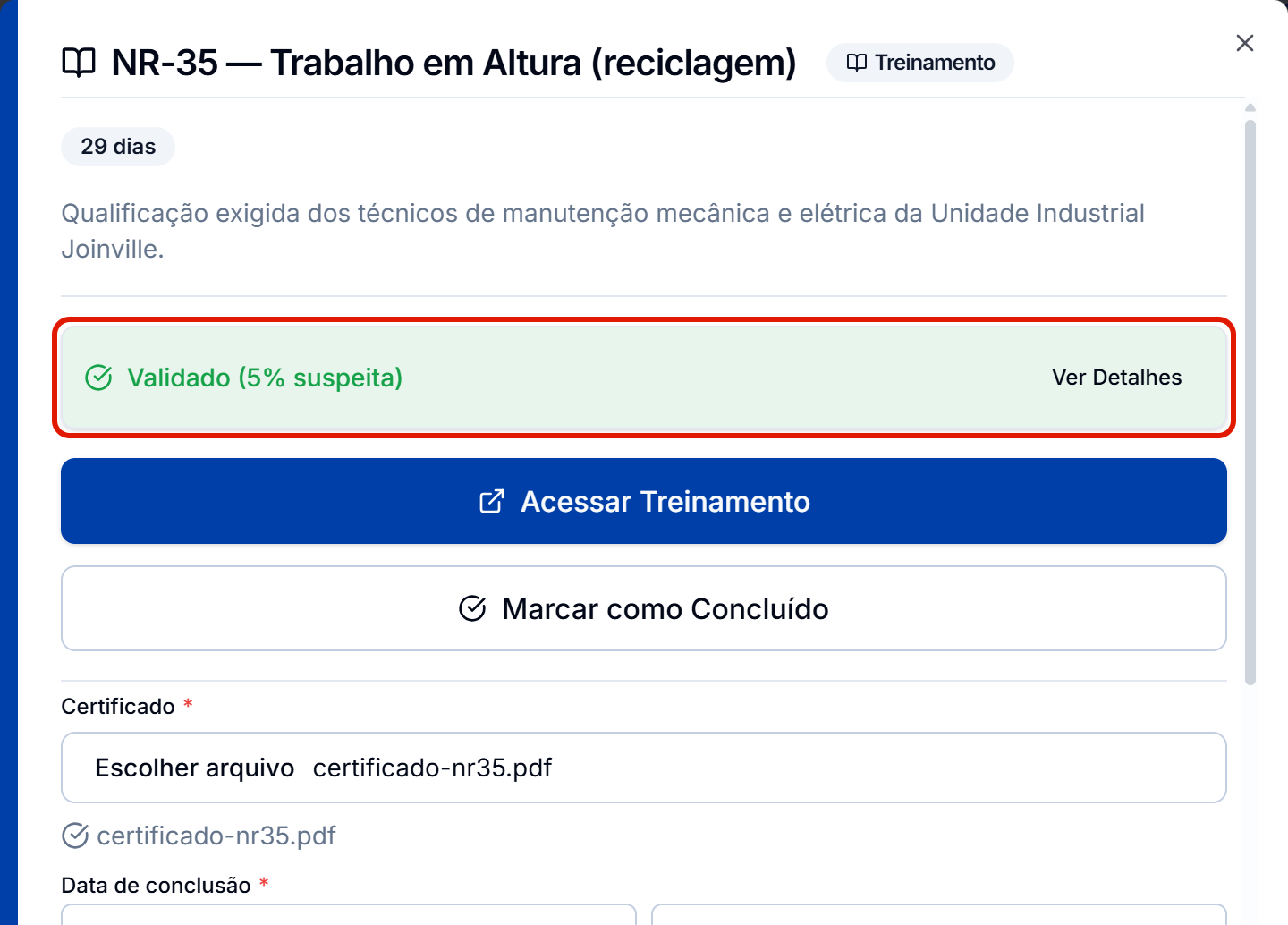Certificado escolhido e o parecer validado