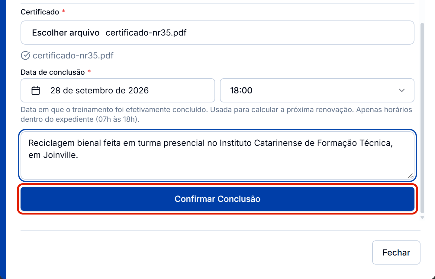 Formulario preenchido e o confirmar conclusao