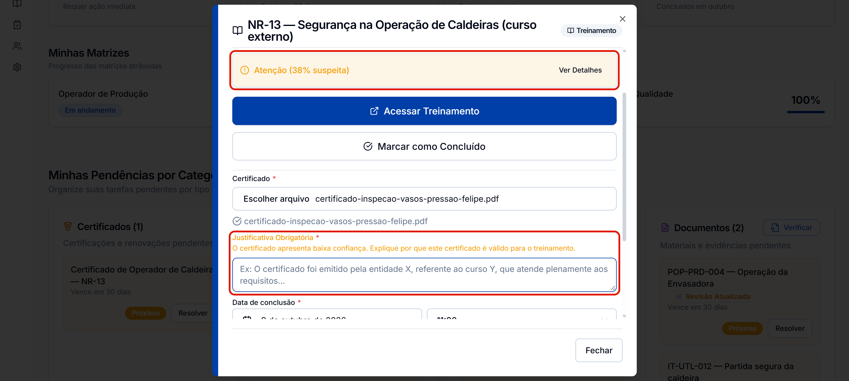 Certificado de outro curso com o parecer atencao e a justificativa