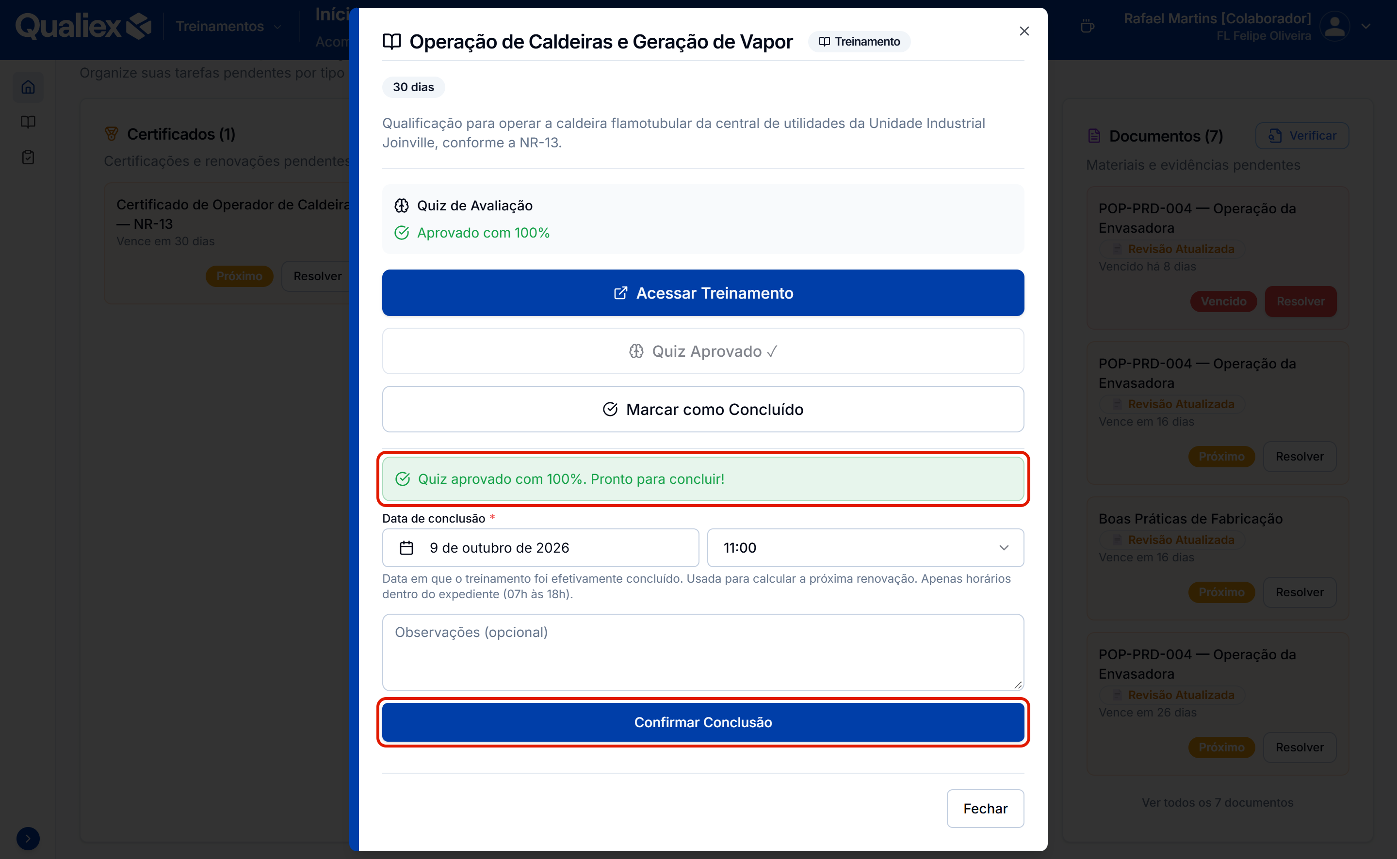Quiz aprovado pronto para concluir sem certificado