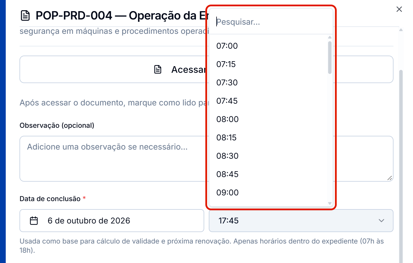 Seletor de horario de 07 as 18