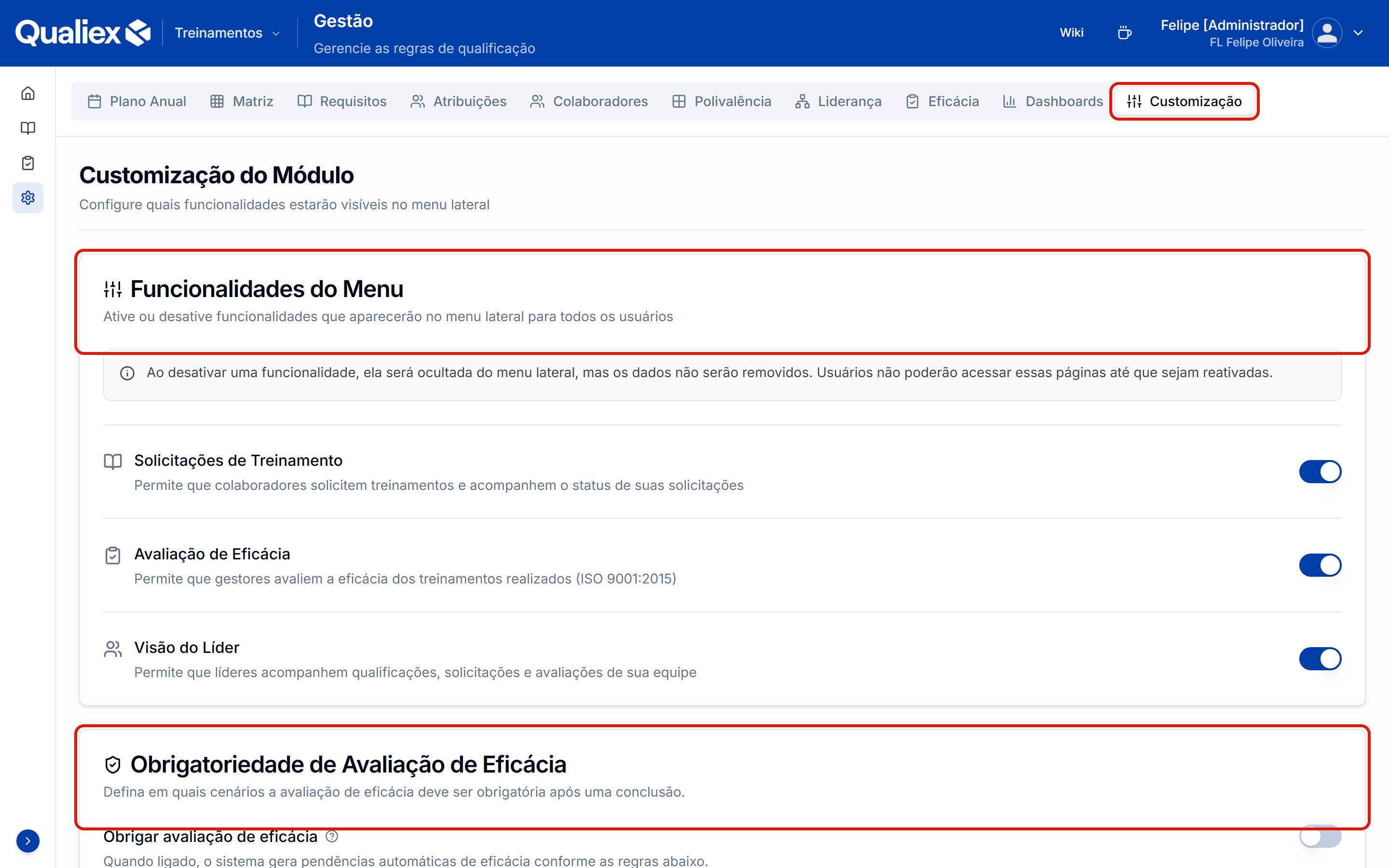 Sub aba customizacao e as duas secoes