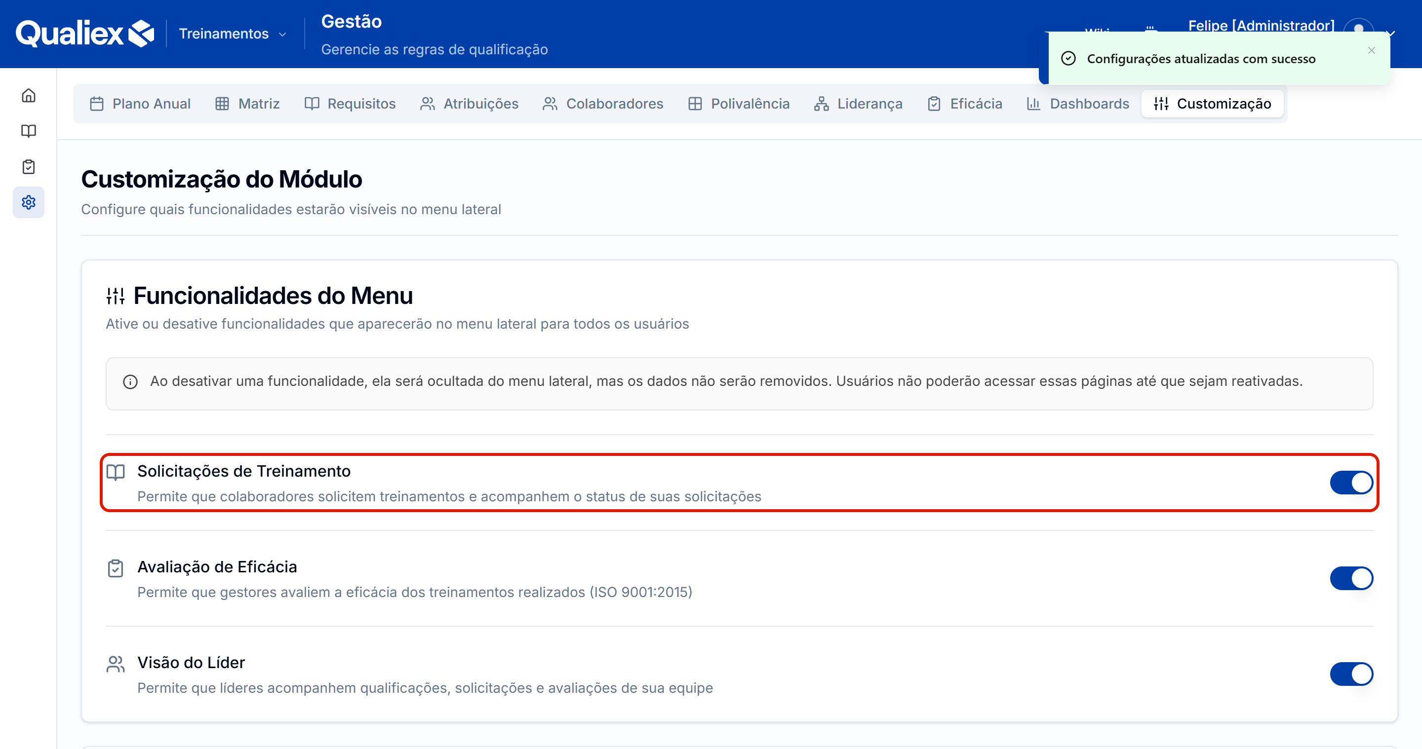 Resultado ao religar a chave solicitacoes
