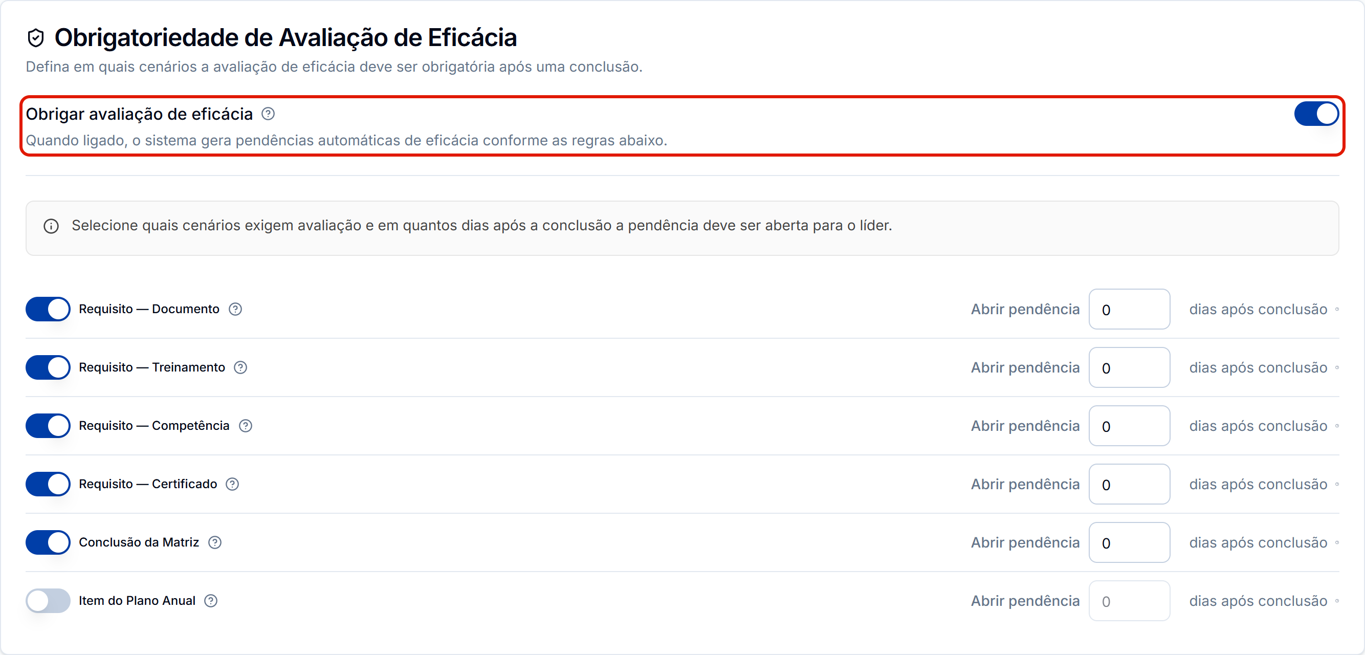 Obrigar avaliacao de eficacia ligada