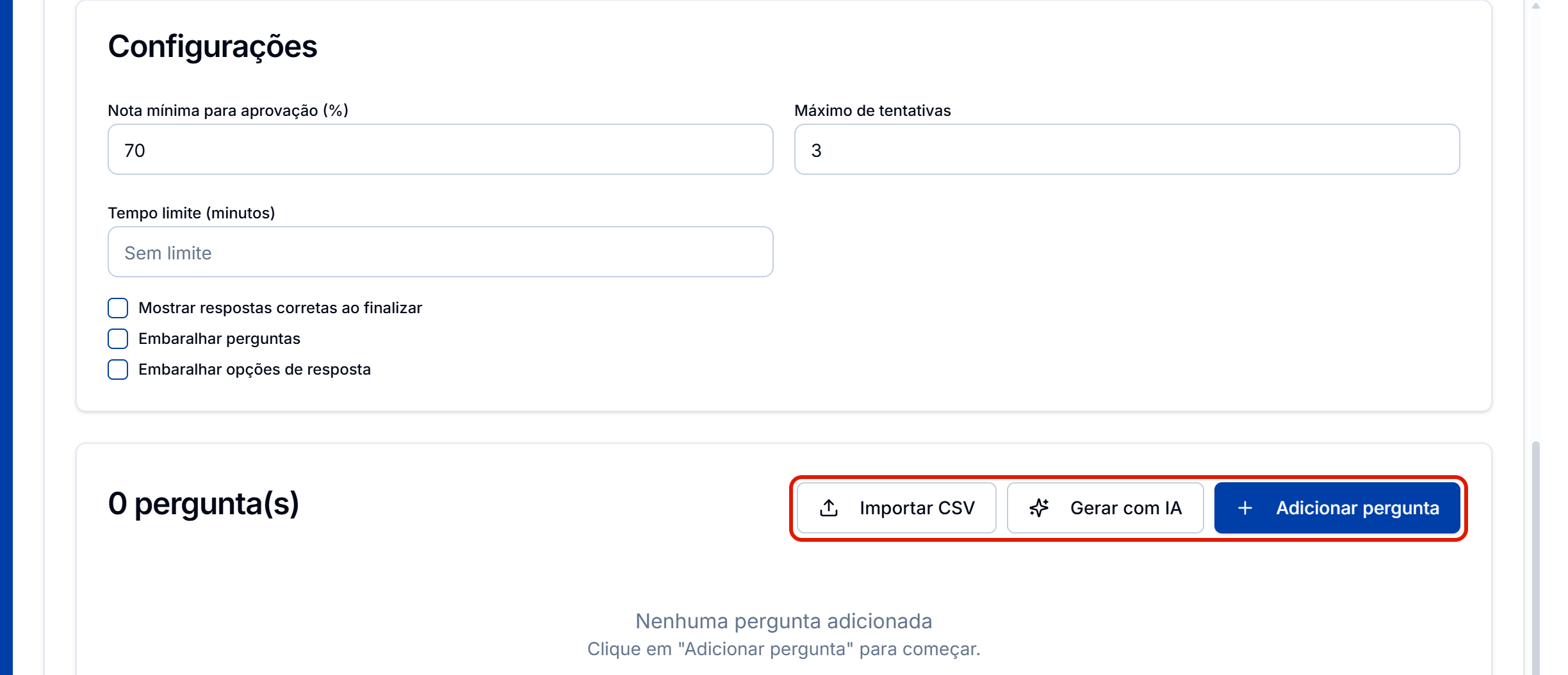 Configuracoes do quiz e a area de perguntas vazia
