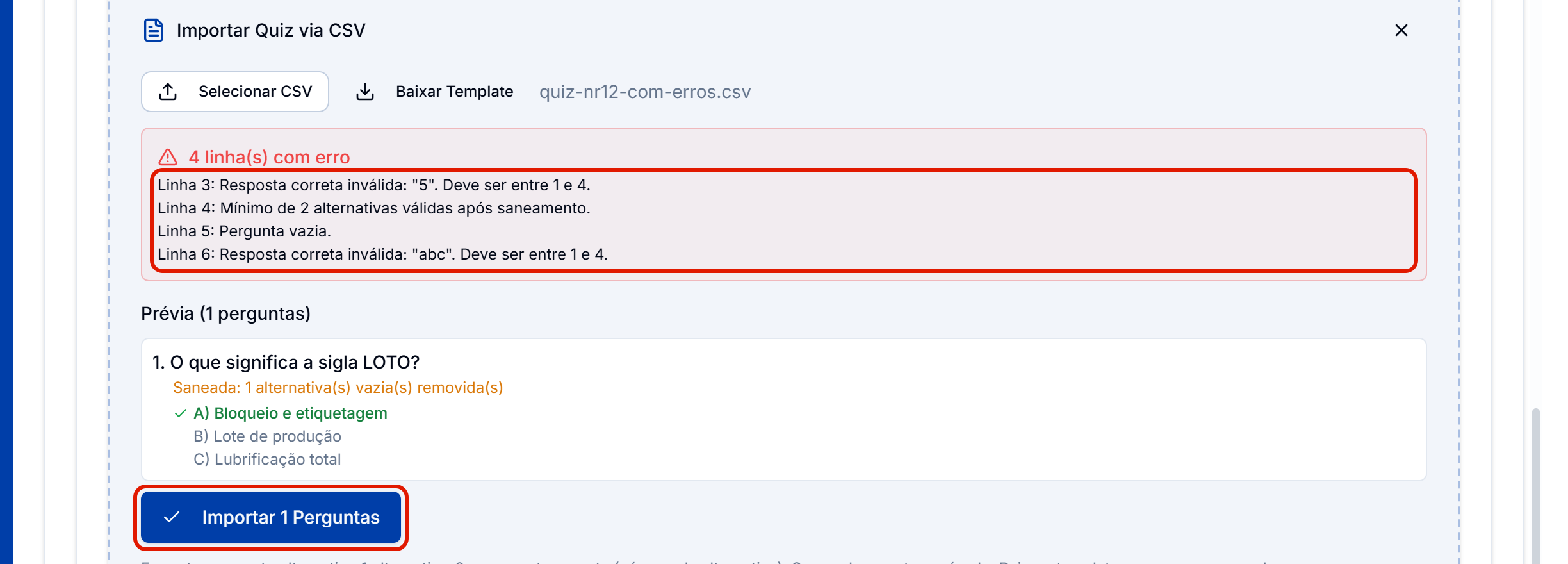Previa do csv com os erros por linha e o importar