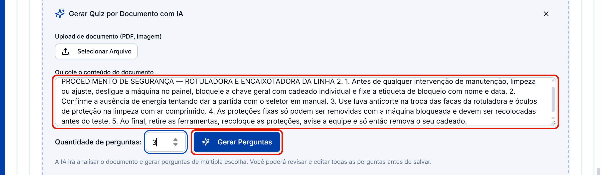 Gerar quiz por documento com ia com o texto colado e 3 perguntas