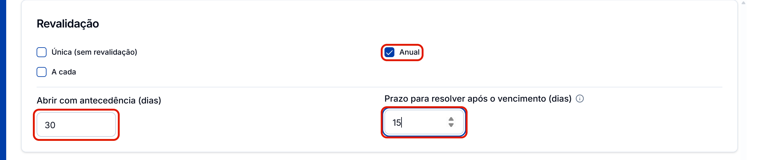 Revalidacao anual com os dois campos de dias