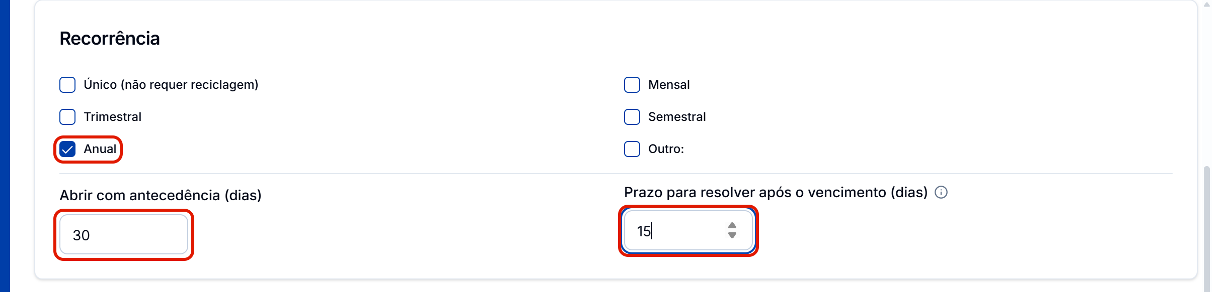 Recorrencia anual com a antecedencia e o prazo apos o vencimento