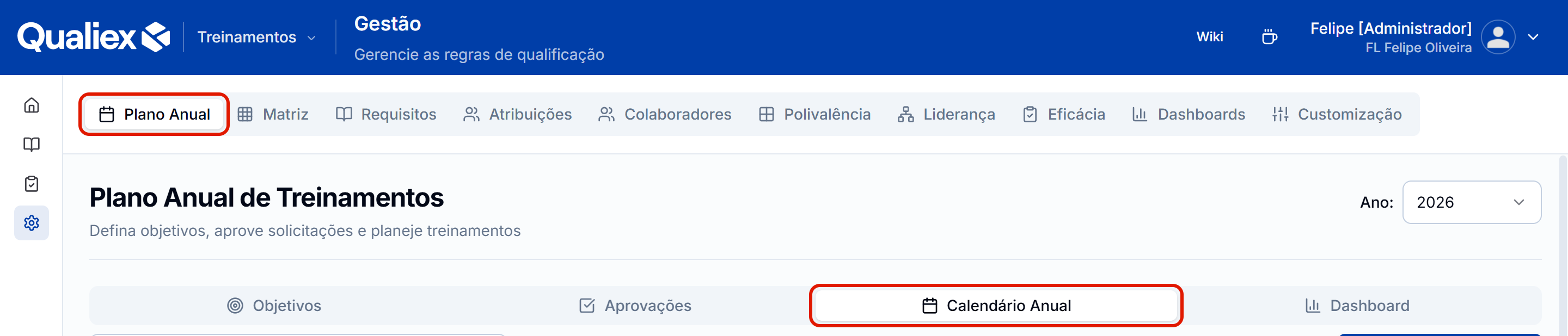 Plano anual com as quatro abas e o ano