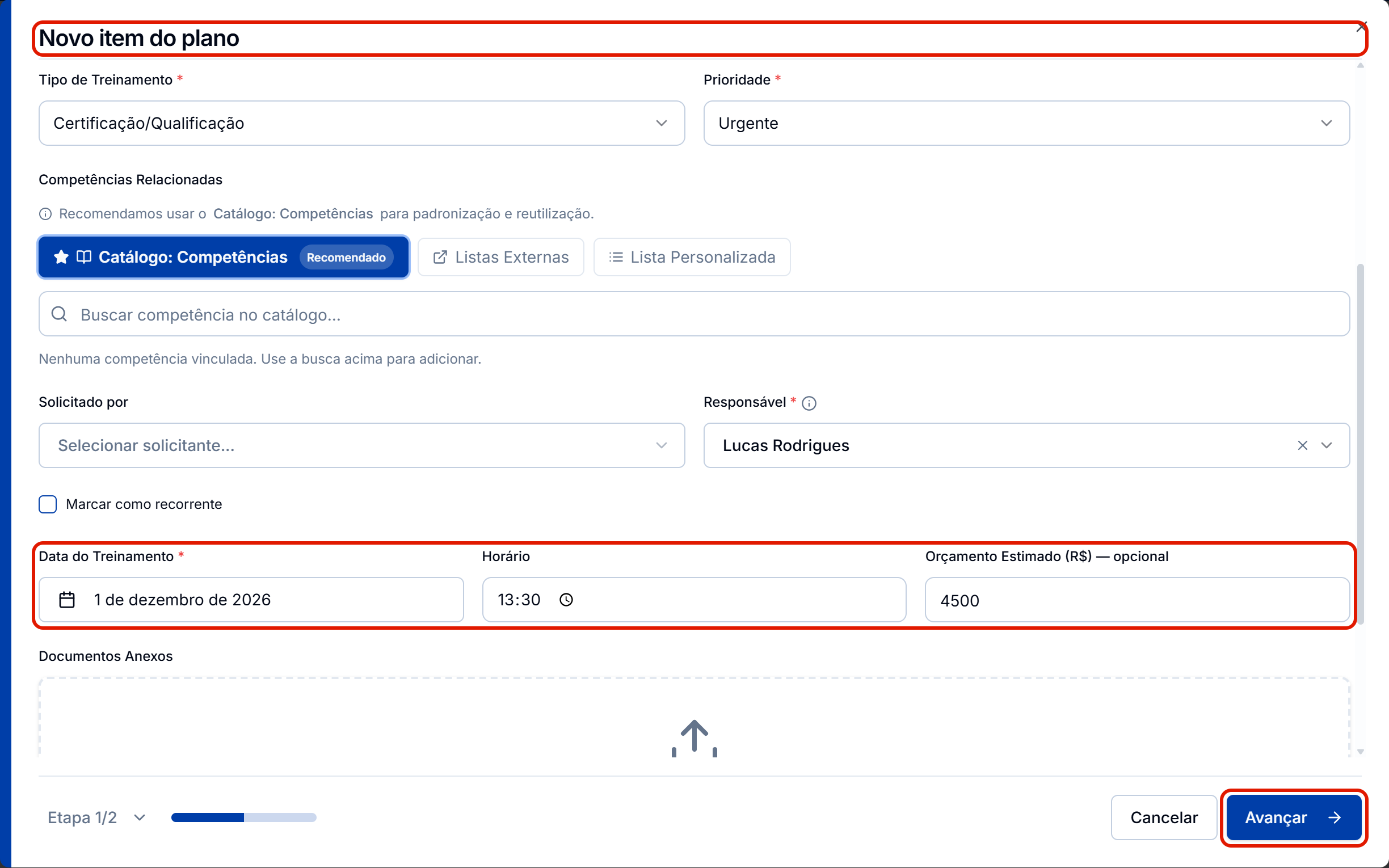 Novo item do plano com as informacoes gerais