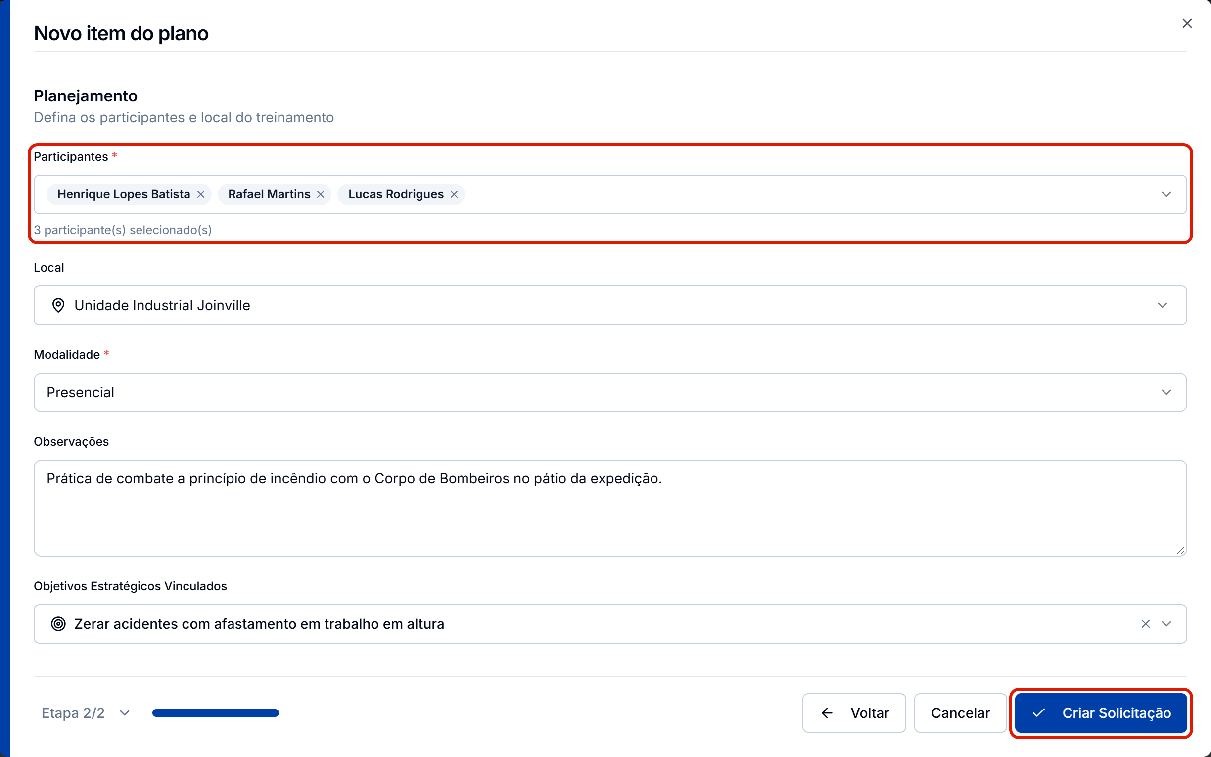 Planejamento do item com o criar solicitacao
