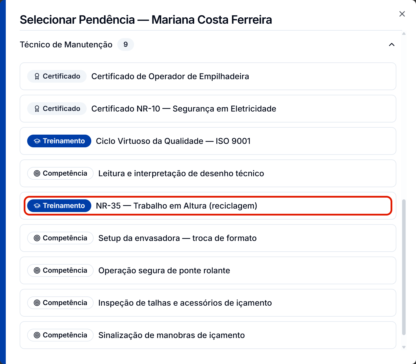 Janela selecionar pendencia com tres tipos