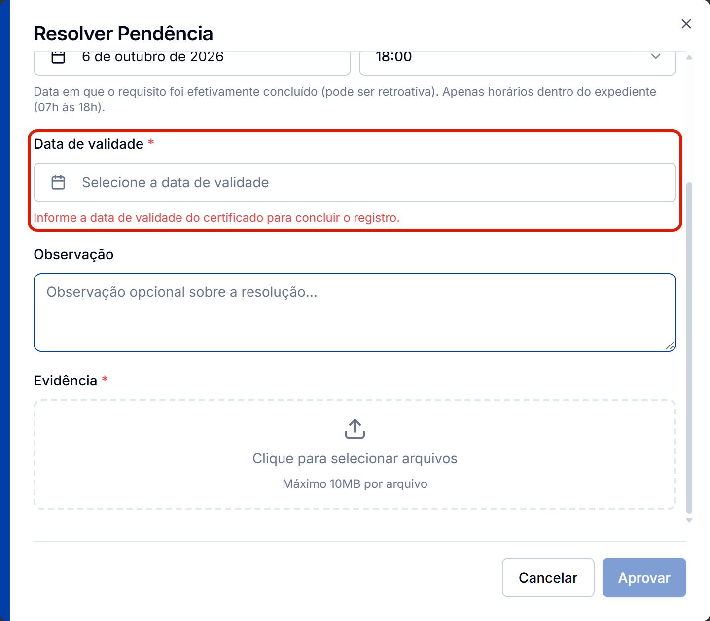 Certificado com data de validade vazia