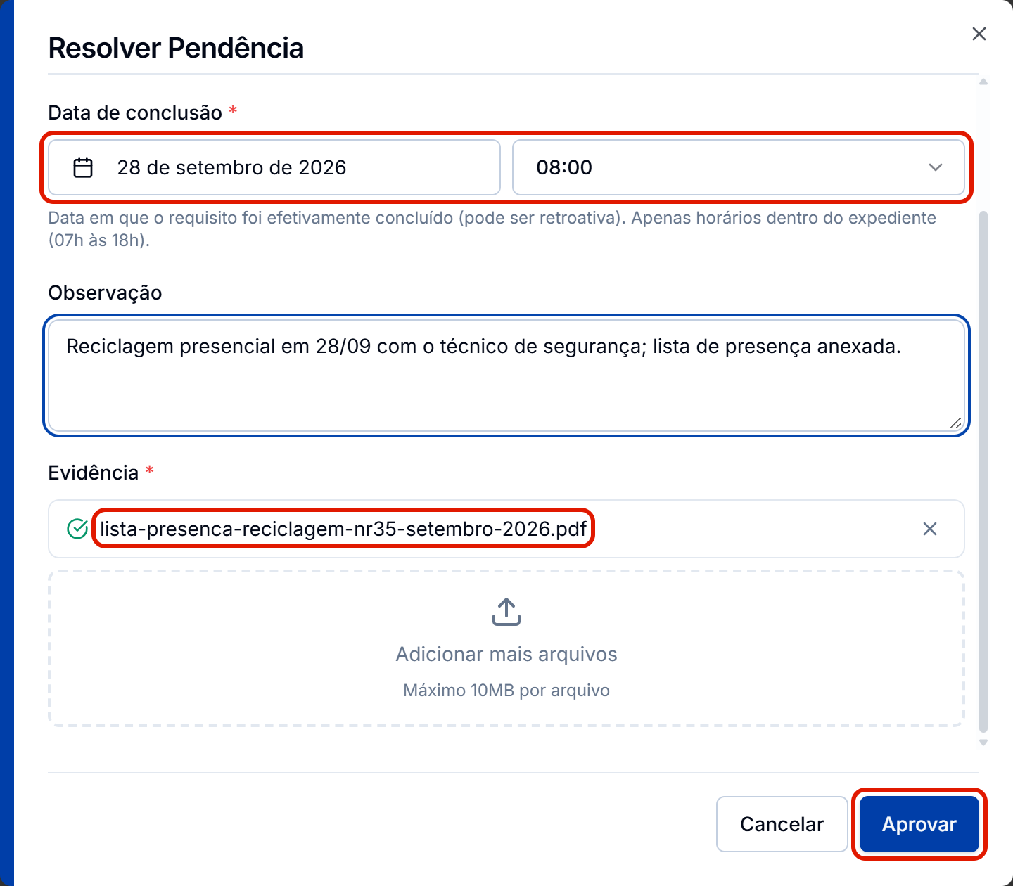 Formulario preenchido com data retroativa e evidencia