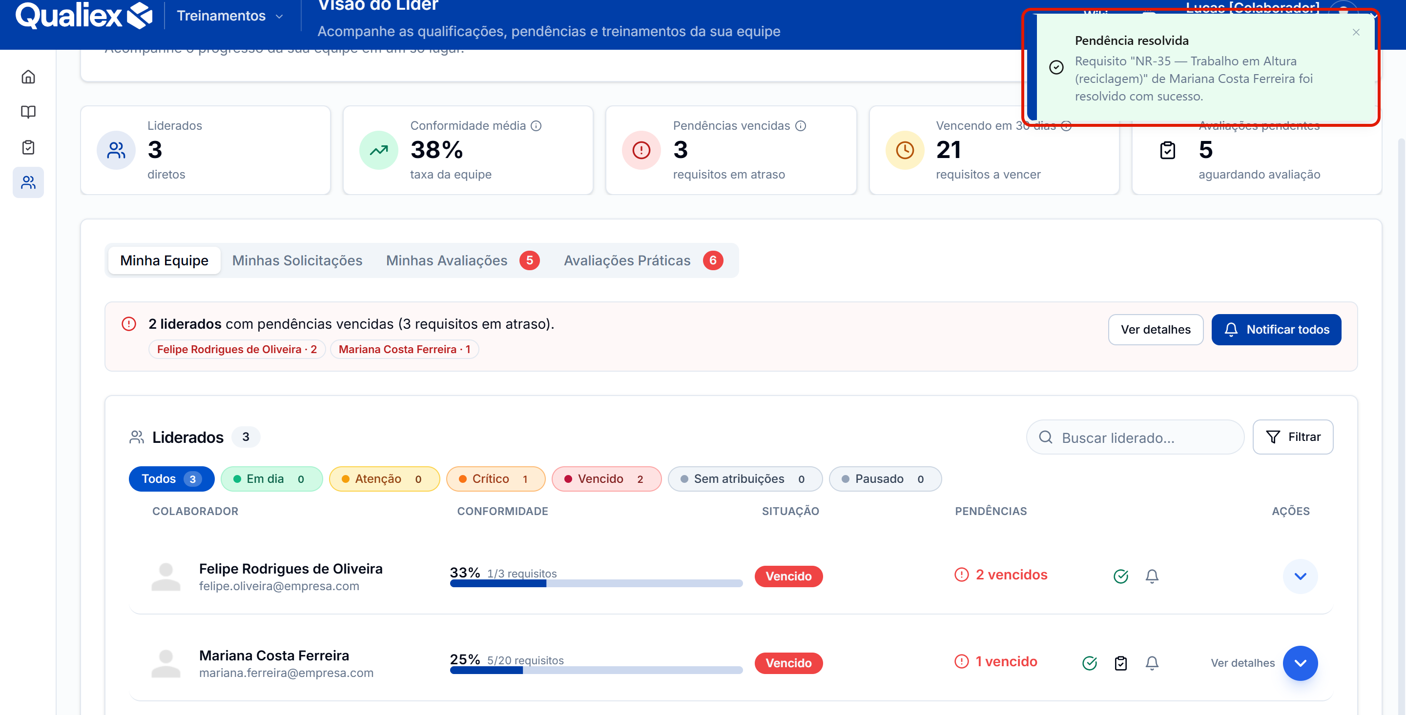Mensagem pendencia resolvida